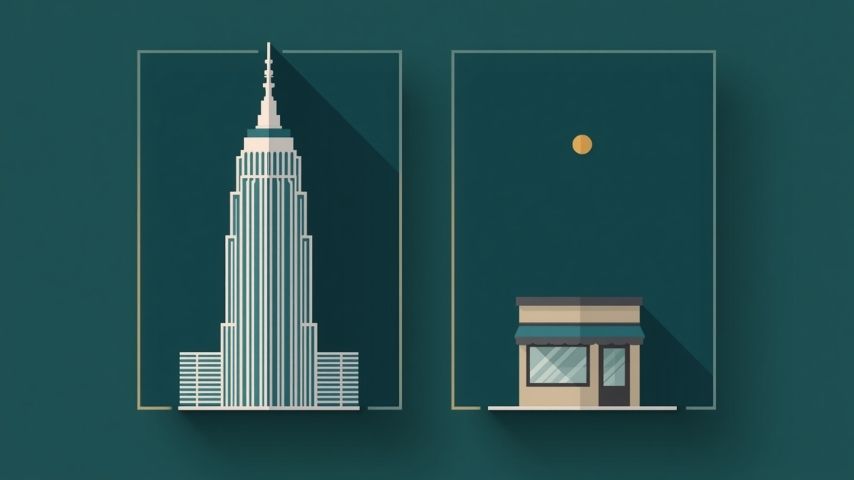 a skyscraper signifying Reputation.com next to a small store signifying BeckyHalls.com