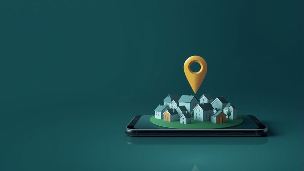 an illustration of a group of buildings with a large location pin over them signifying when someone searches 'near me' on a mobile device