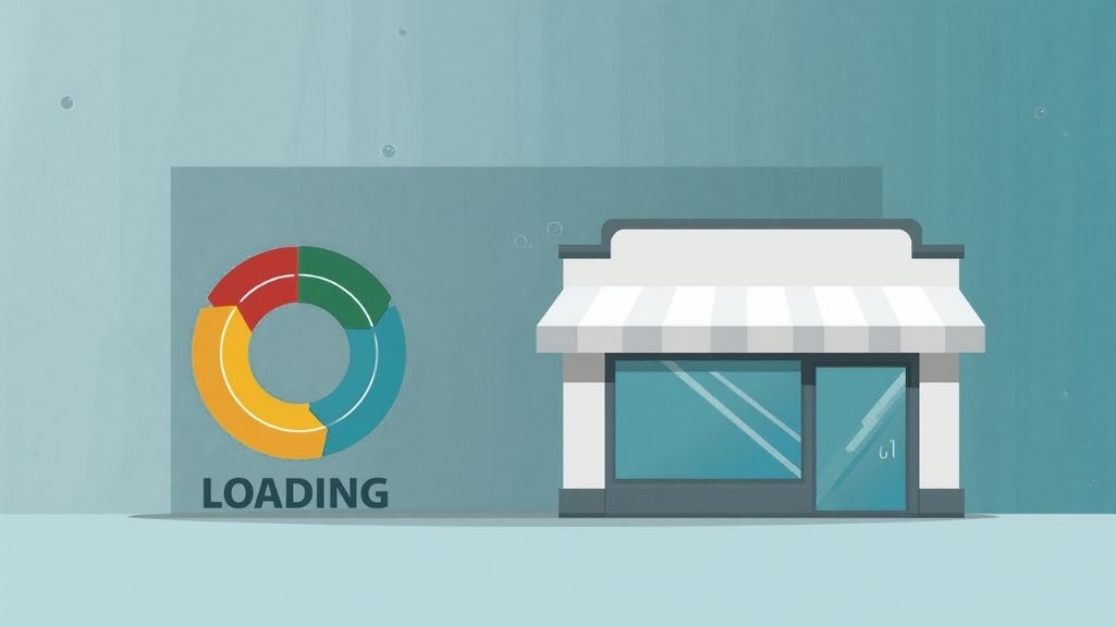 a storefront next to a loading circle graphic showing why slow websites lose customers
